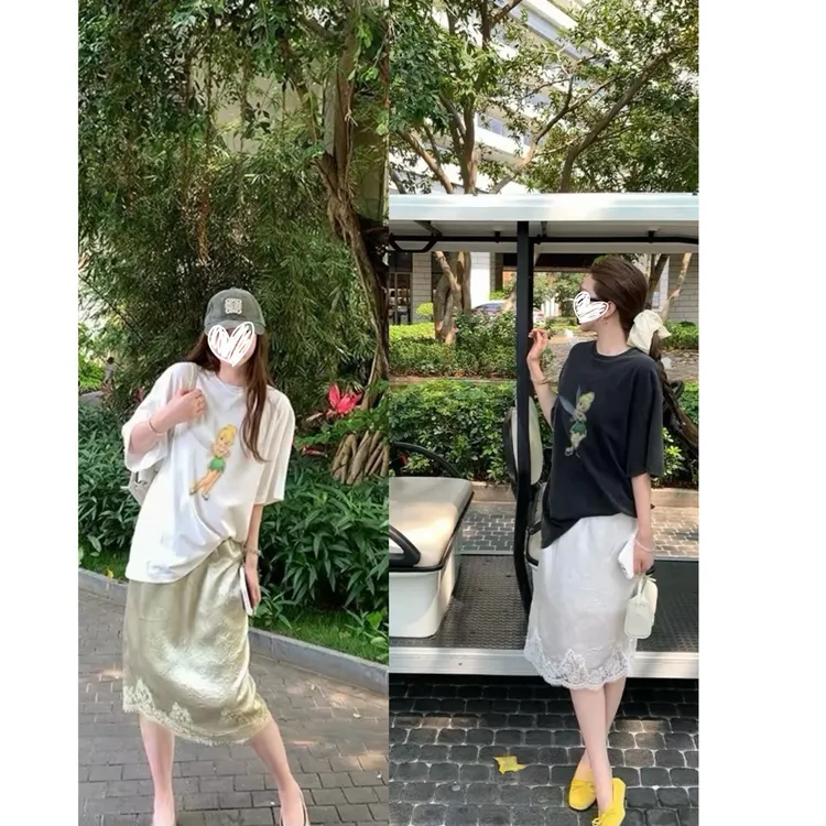 韩系花仙子印花T恤上衣+蕾丝刺绣拼接醋酸缎面半裙两件套25750#