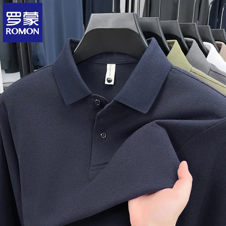 罗蒙纯棉男士长袖t恤翻领polo衫春秋新款休闲上衣100%纯棉打底衫