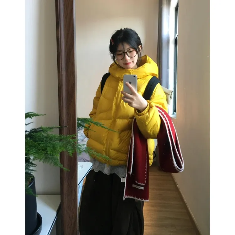 黄色连帽棉服女冬季小个子新款高级感宽松加厚保暖百搭棉衣面包服