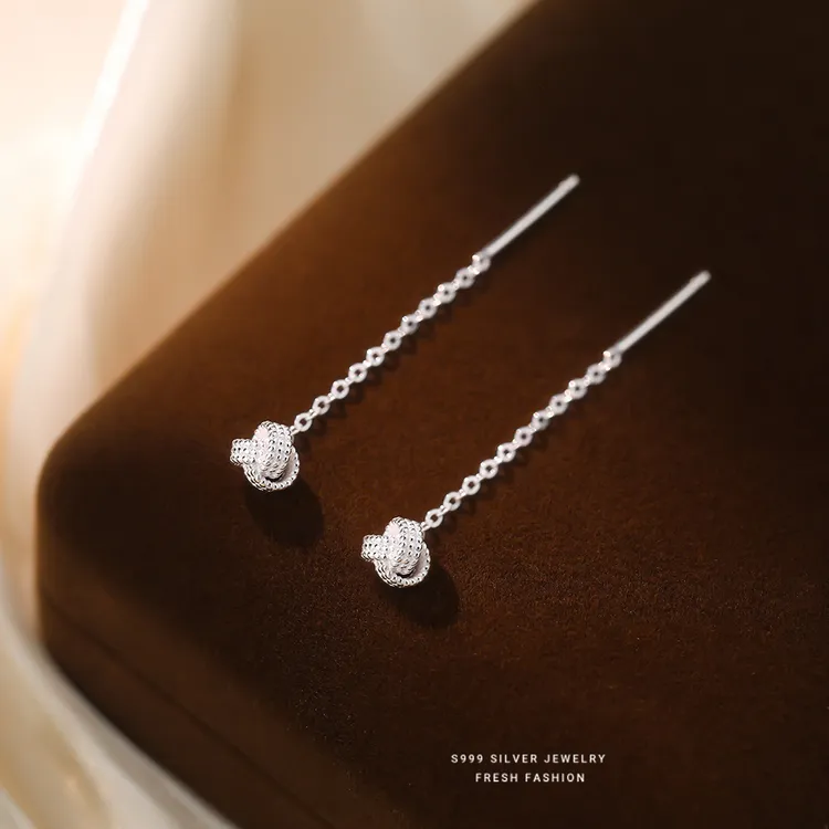 足银耳饰 999足银如意结耳线女2025新款爆款长款养耳洞耳饰