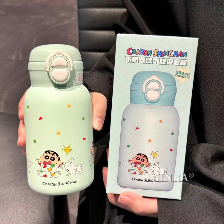 蜡笔小新双饮保温杯带吸管杯可爱高颜值女生日礼物学生上学喝水杯