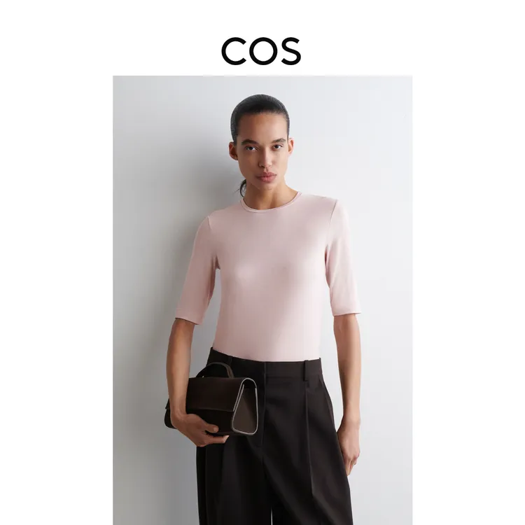 COS女装 修身版型圆领混纺T恤浅粉色2025秋季新品1292679004