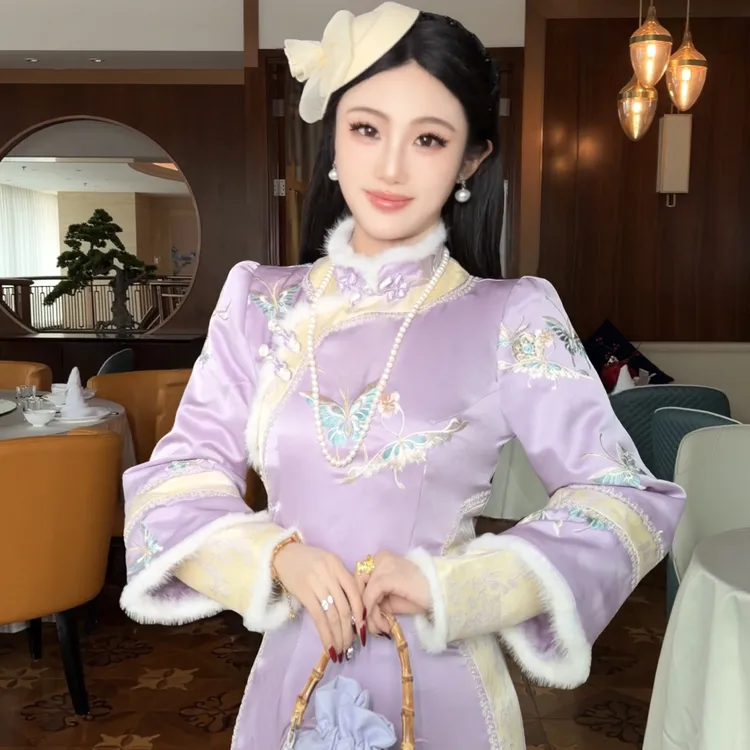 【媛珠 景泰紫蝶】重工醋酸刺绣时尚套装秋冬收腰国风显瘦长款