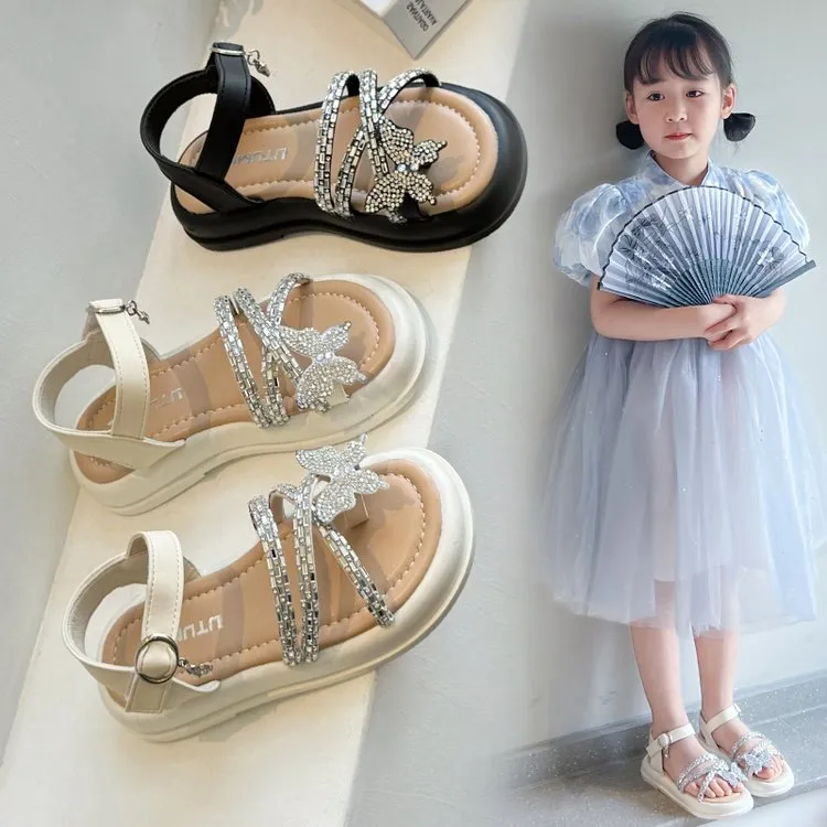 女童夹趾凉鞋2025夏季新款蝴蝶水钻舒适百搭时尚公主鞋软底魔术贴