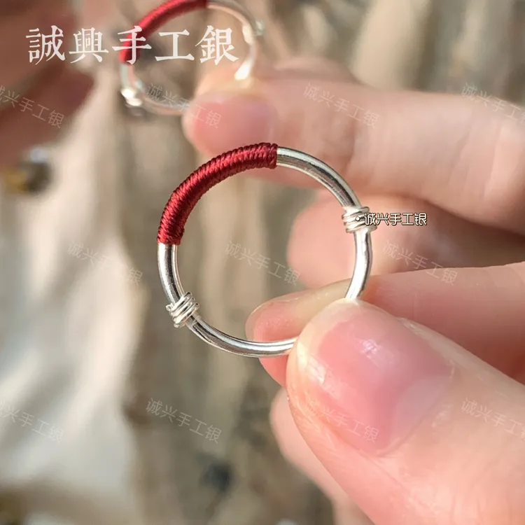 足银布艺戒指 足银999素圈戒指红绳绕圈推拉情侣闺蜜礼物足银戒指