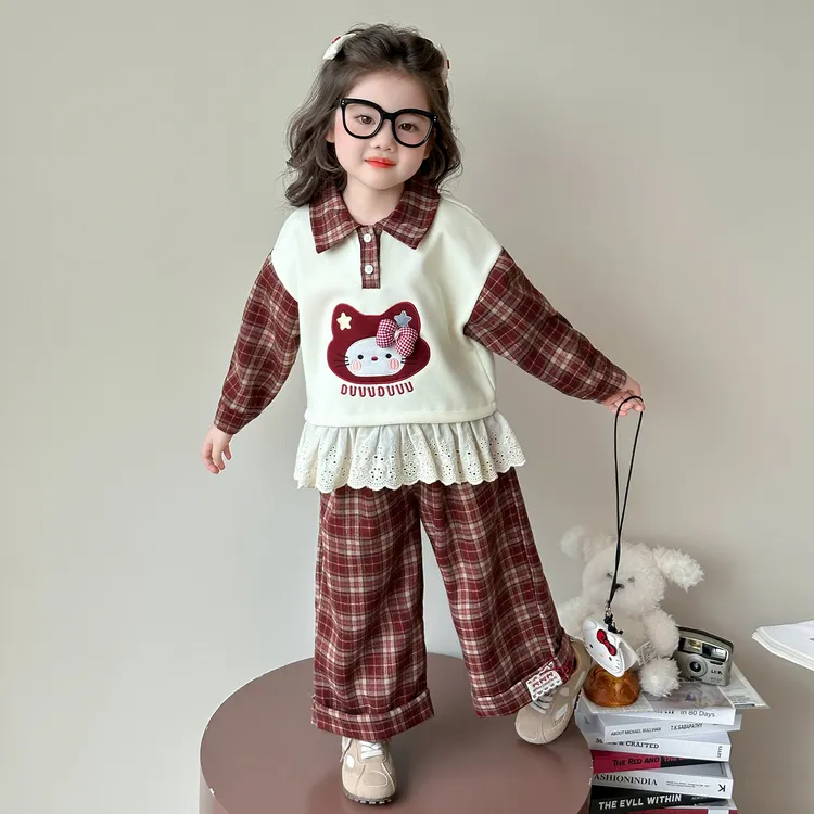 女童韩版格子套装秋2025新款儿童时髦卫衣两件套宝宝春秋休闲衣服