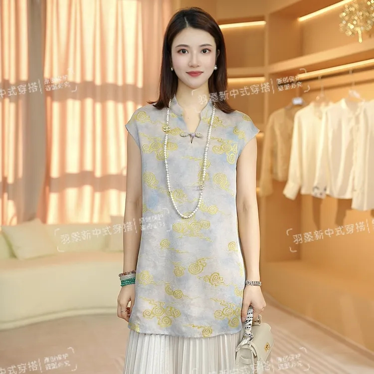 【祥云】2025夏季新款V领晕染粉新中式上衣C2747