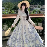 Blovelan鸢尾心事 法式高级感感鸢尾印花镂空长袖连衣裙