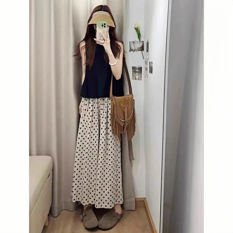 2025夏季新宽松杏色波点九分休闲裤女大码胖mm高腰宽松显瘦阔腿裤