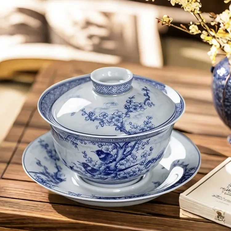 古泥喜上眉梢三才盖碗青花瓷茶具防烫手手工盖碗复古白瓷釉下彩