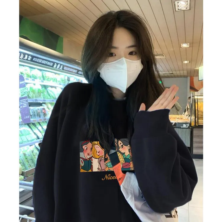 覆古黑色加厚T女秋装冬季加绒宽松套头小个子美式卡通上衣ins百搭