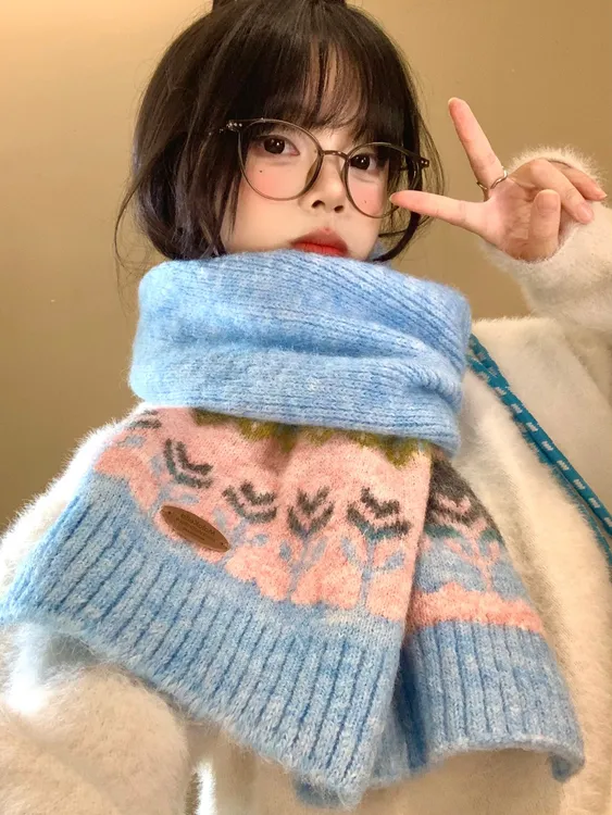 蓝色费尔岛提花针织围巾女款2025新款秋冬季加厚防寒保暖护颈围脖