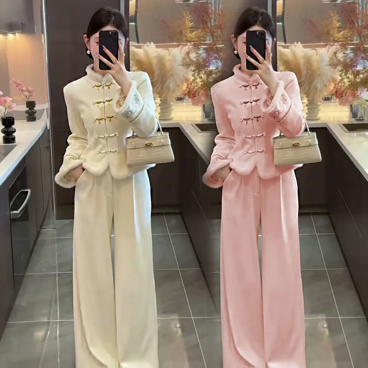 初冬新款时尚洋气中式复古国风加绒加厚盘扣上衣套装减龄女神显瘦