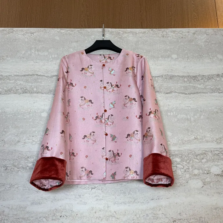 TANTAN 长袖中式印花圆领中国风春季短款真丝外套4435
