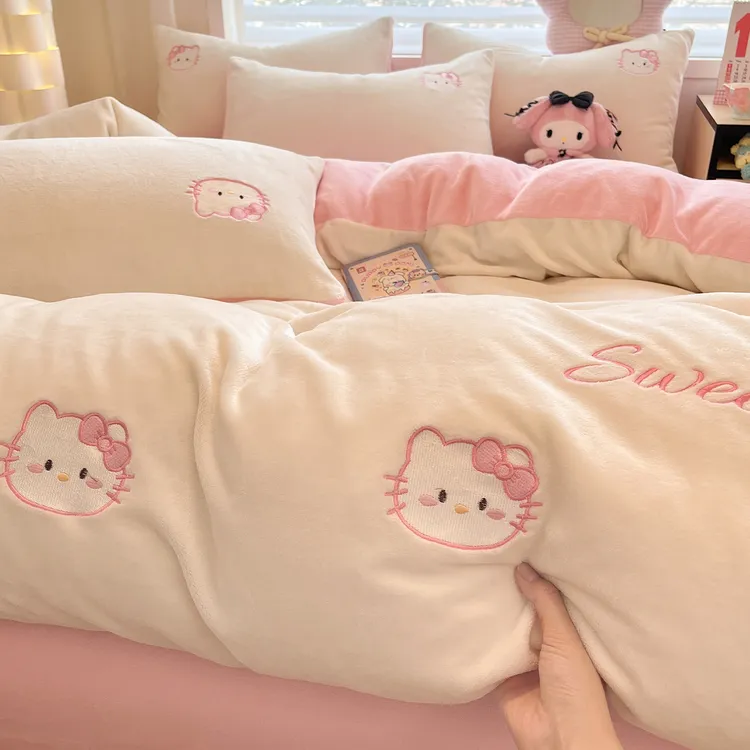 卡通毛巾绣牛奶绒四件套冬季加厚珊瑚绒被套罩三件套床单床上用品