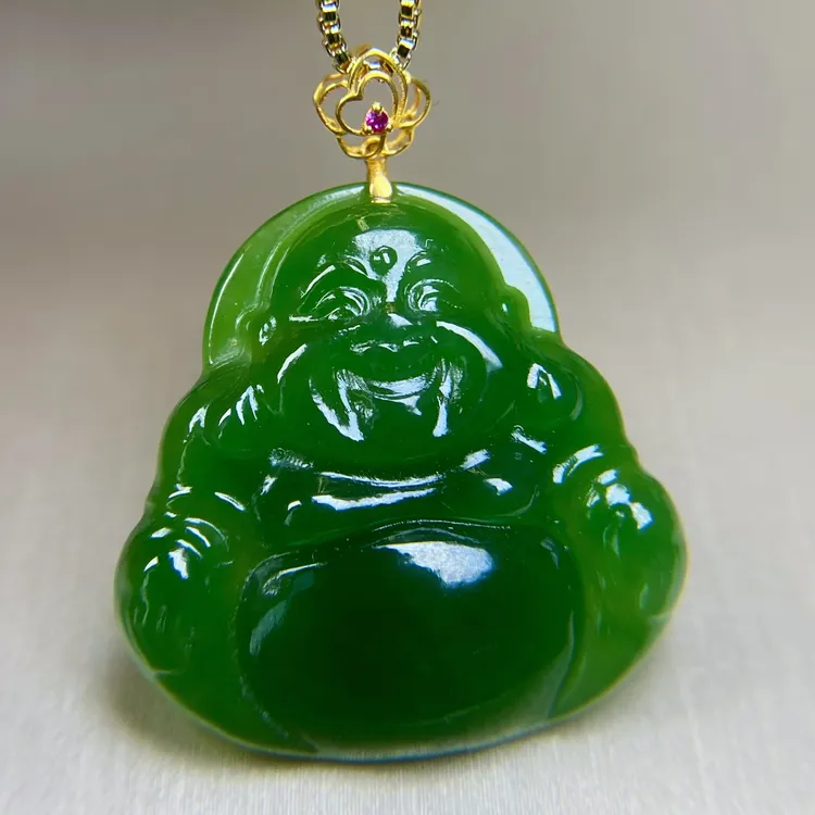 天然和田玉俄料碧玉老料辣阳绿18K金扣佛公吊坠挂件女款精品@0060