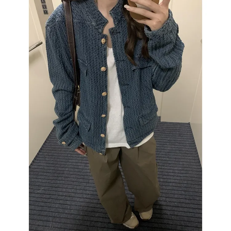 蓝色牛仔外套女款2025新款设计感立领美式覆古百搭小香风夹克上衣