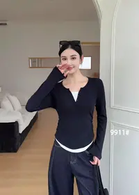 【牛牛】早秋显瘦假两件长T恤