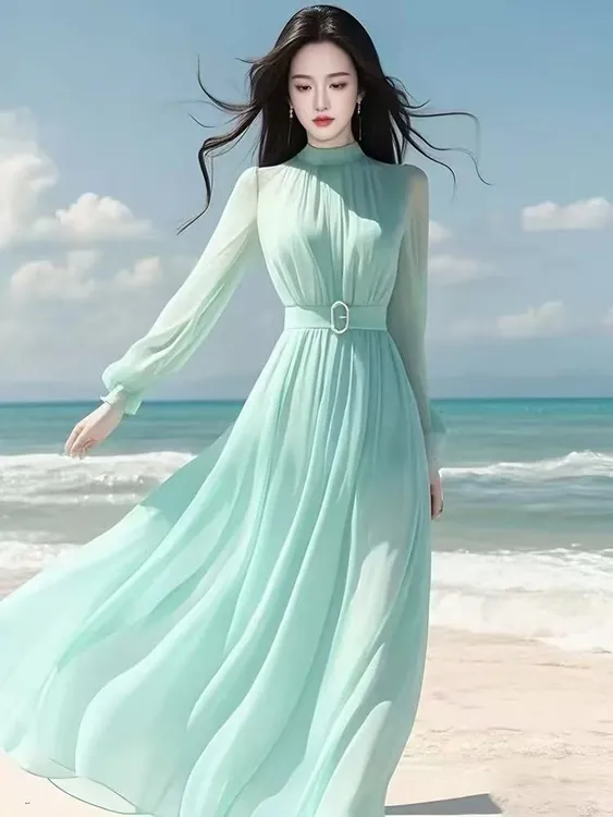 SS753气质女神范温柔风绝美长裙高级感海边度假雪纺连衣裙