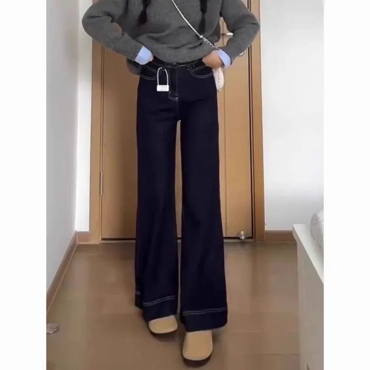 诺诺专属小个子丹宁蓝高腰双扣阔腿牛仔裤女2025秋显瘦微喇拖地裤