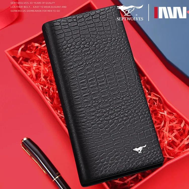 正品七匹狼拉链轻奢真皮钱包长款多功能新款高档男款钱夹羊皮卡包