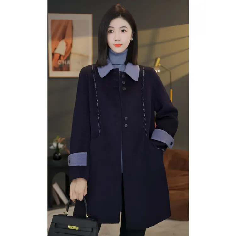 【小北甄选】曼贝8584048深墨蓝秋冬新款双面羊绒大衣高端百搭