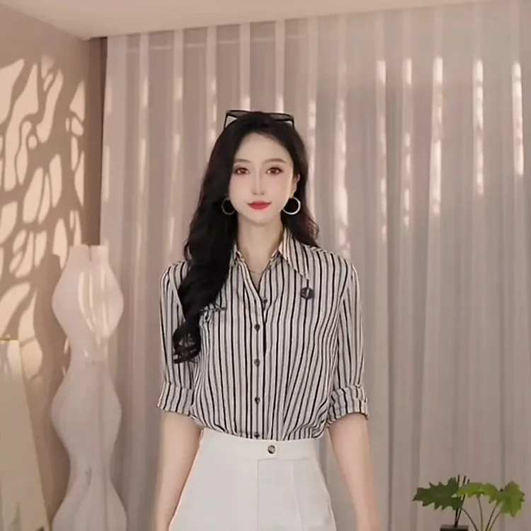 AMASS/阿玛施新款5300848条纹垂感通勤气质衬衫休闲法式垂感显瘦