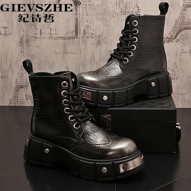 纪诗哲男士马丁靴时尚布洛克雕花短靴秋冬新款中筒厚底增高靴子