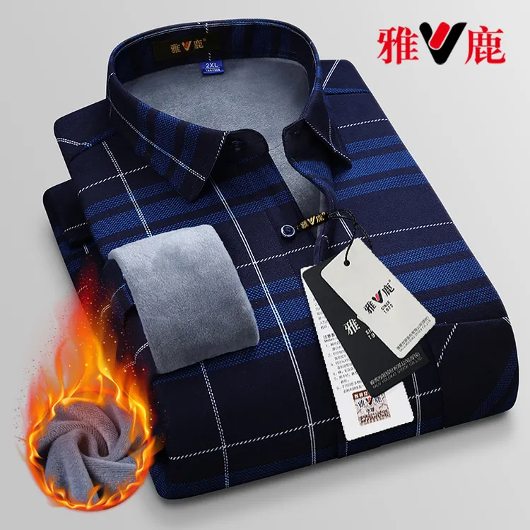 雅鹿中年男士长袖格子衬衫外套冬季大码爸爸加绒加厚男装保暖衬衣