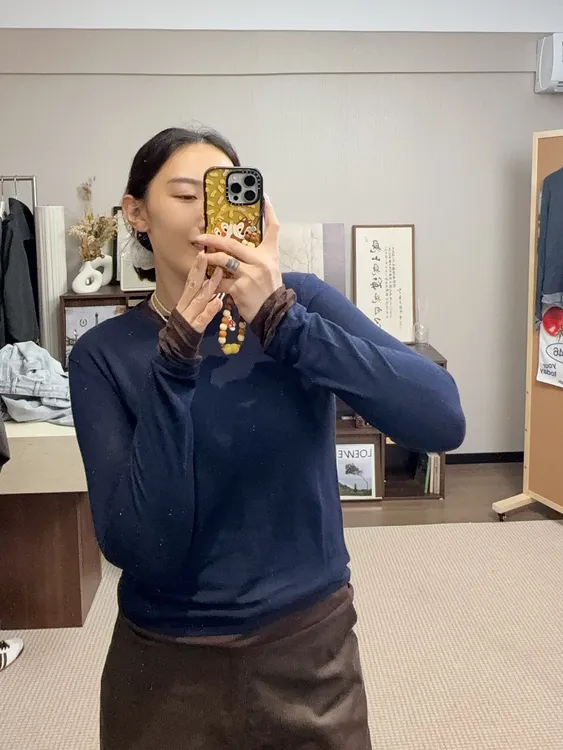 简约风长袖常规袖带弹慵懒风针织百搭假两件时尚ol