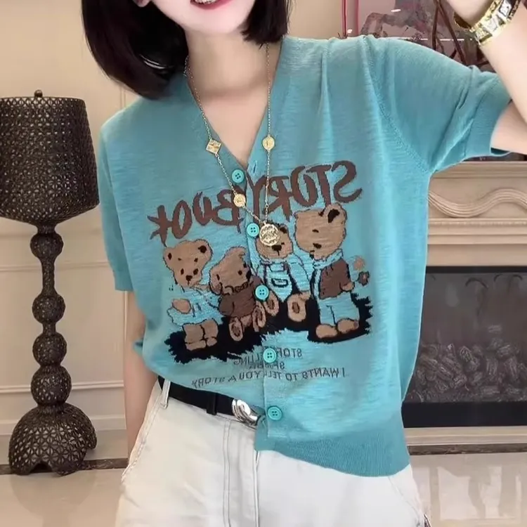 大码女装美式卡通小熊印花短袖针织衫宽松显瘦百搭减龄开衫上衣