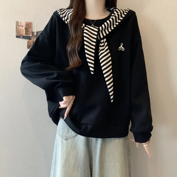 大码遮肚子学院风条纹披肩连帽卫衣女秋冬胖妹妹宽松减龄长袖上衣