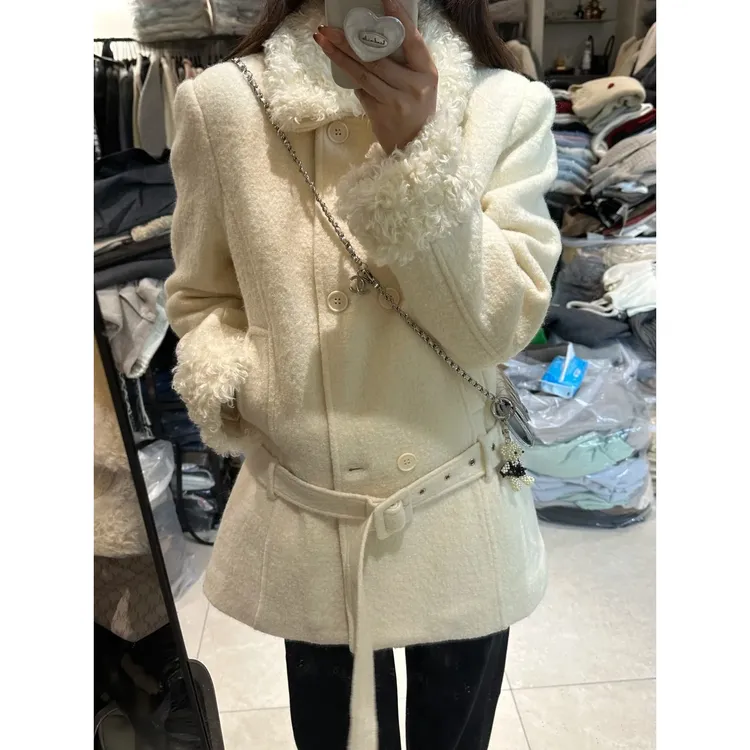 圈圈毛绒拼接翻领小香风法式收腰毛呢外套冬季新款上衣女