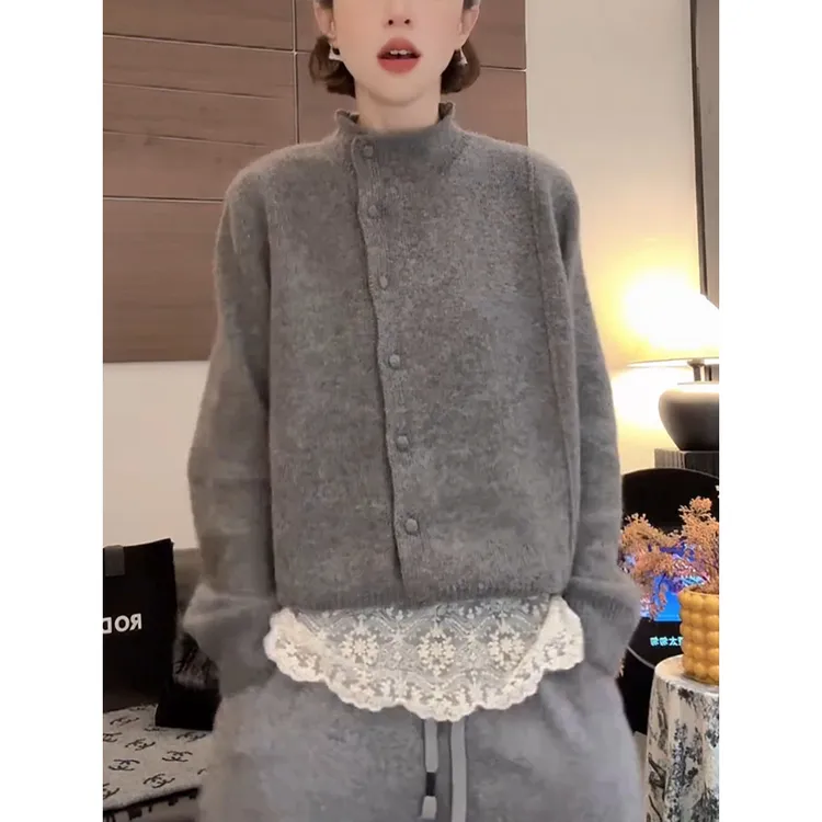 灰色立领针织开衫女秋冬新款慵懒风软糯毛衣外套减龄宽松显瘦上衣