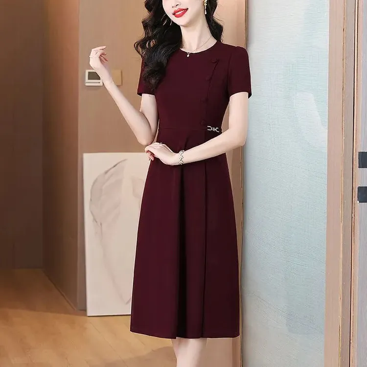 高级感中年优雅短袖连衣裙女士2025夏季新款气质收腰显瘦减龄裙子