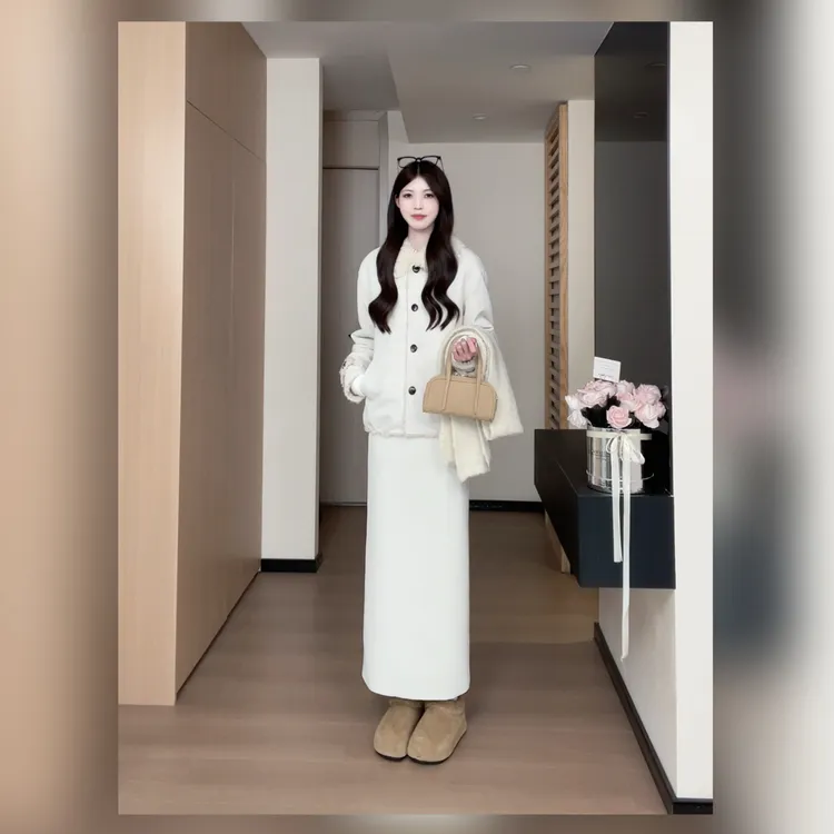 松本丧丧柔灰套装 羊羔领外套配长裙 毛边撞扣显松弛感B254O0169