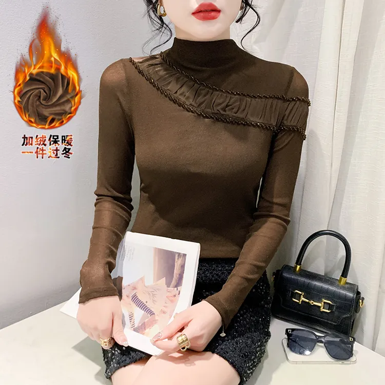 加绒加厚秋冬新款修身半高领钉珠长袖T恤女简约时尚镂空打底衫女