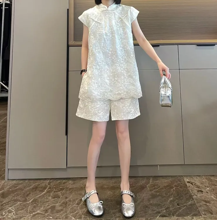 米可/MK-2503LJ【新中式国风盘扣提花短裤套装】时尚夏季新款套装