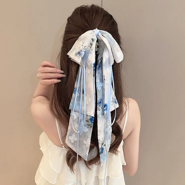 超仙蝴蝶结飘带抓夹女新款后脑勺半扎发鲨鱼夹子汉服旗袍发夹头饰