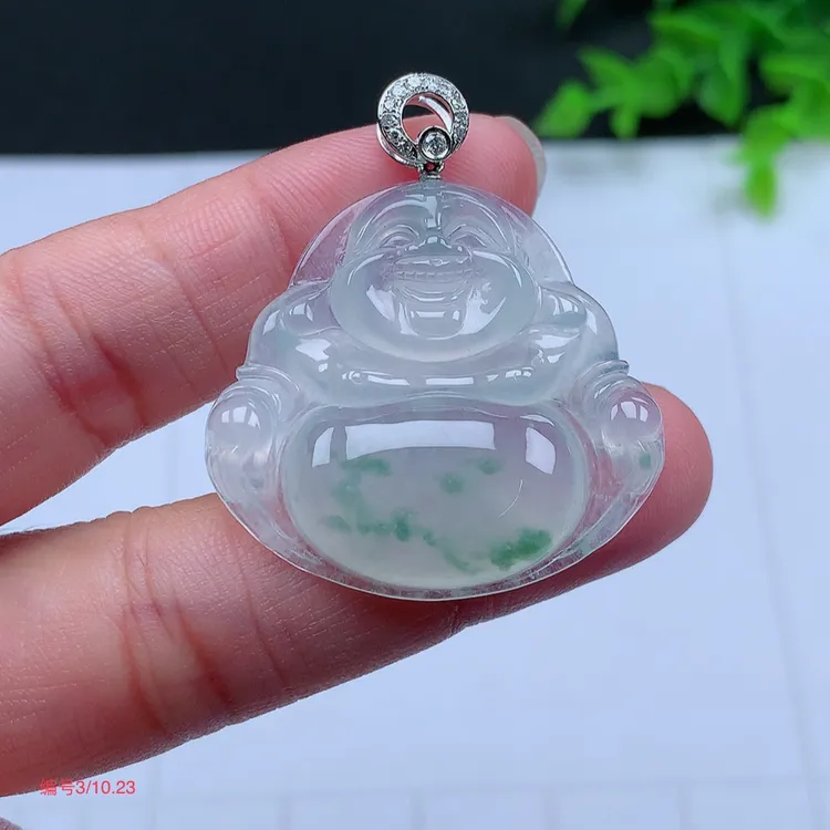 翡翠A货 18k金扣头冰种冰飘花佛公吊坠 尺寸31.4×33.7×5.8