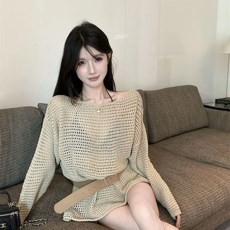 2025春夏爆款轻奢宽松镂空设计衬衫女薄款外搭高级感可露肩三件套