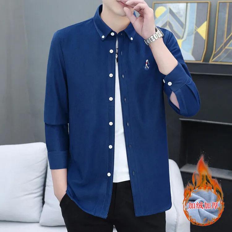 专业衬衫春秋季高品质灯芯加绒绣花保暖弹力长袖衬衫