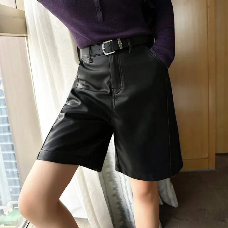 欧货五分皮裤女半松紧腰秋冬新款时尚百搭高腰显瘦阔腿直筒中短裤
