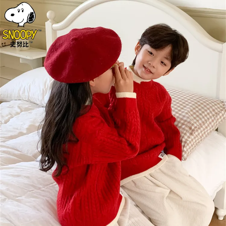 Snoopy/史努比2男女童毛衣儿童女孩加厚宝宝套头假两件红色针织衫