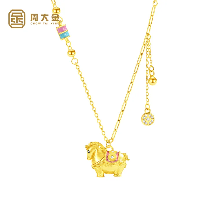 坠链均925银珐琅 周大金马上有钱项链女纯银生肖小马吊坠本命年马