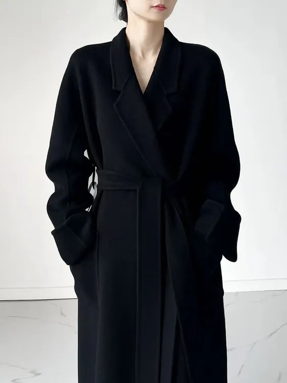 经典浴袍款双面羊毛大衣时尚气质长款毛呢外套秋冬
