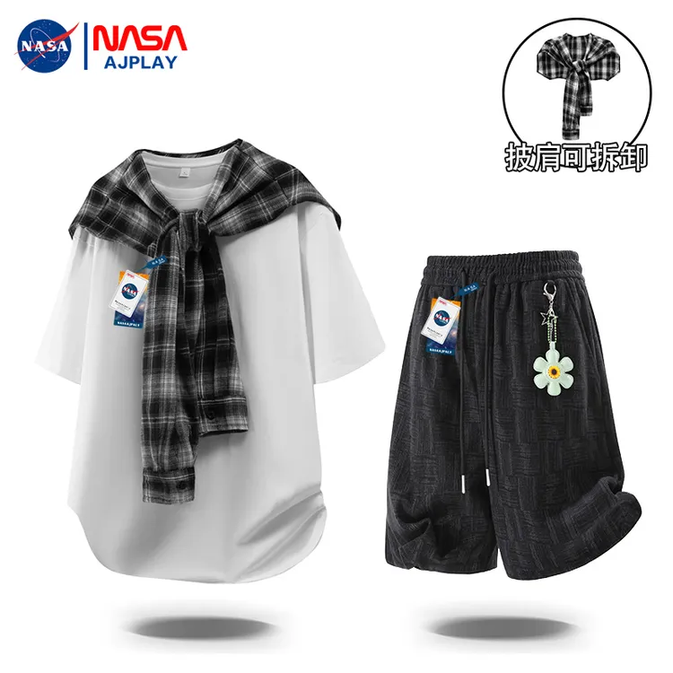 NASA AJPLAY可拆卸披肩短袖肌理短裤夏季潮牌男生痞帅高级感套装