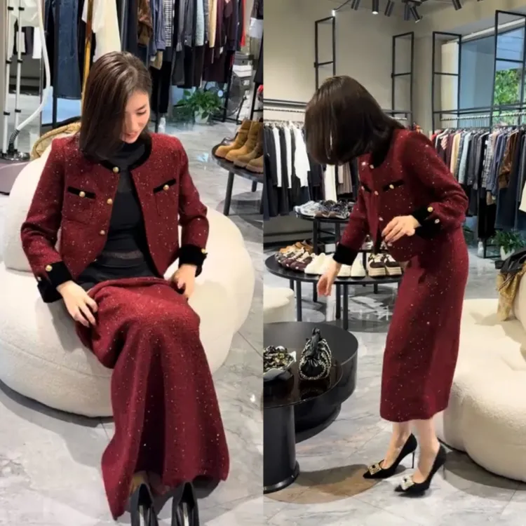 小香风减龄时尚红色套装裙女秋冬短外套+半身长裙两件套高品质女