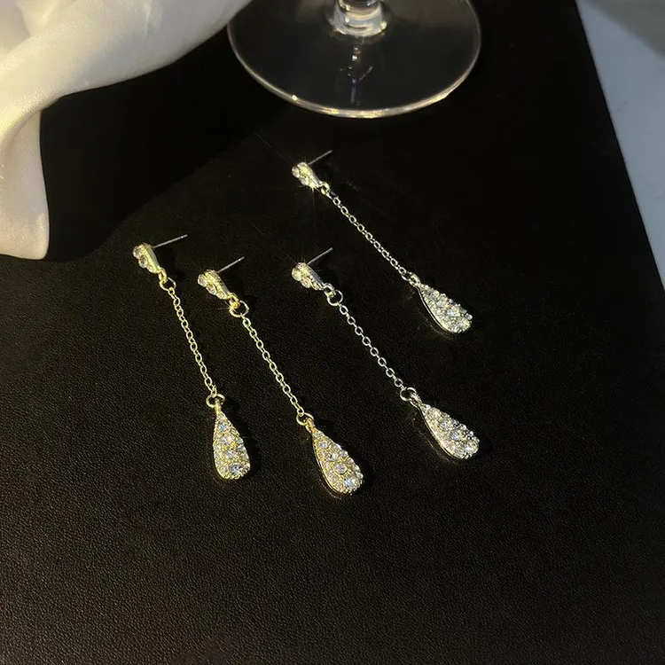 铜合金锆石耳饰 银针简约冷淡风长款流苏耳环 轻奢小众设计感气质