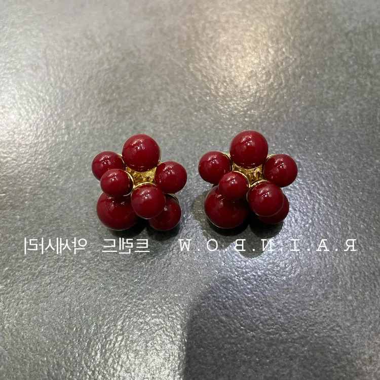 铜合金锆石耳饰 酒红色爆米花耳环立体珠花925银针女耳钉复古设计